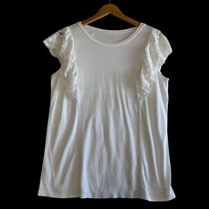 LOFT Outlet White Knit Top Ruffle Lace Flutter Sleeve White Women‎ Size M #478